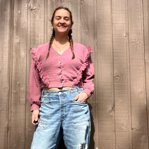 SAYLOR Tops - Saylor Cropped Fringe Cardigan Rose Pink Boho Button Front Size M